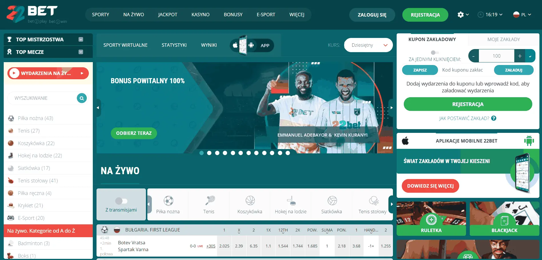 menu główne kasyna 22bet